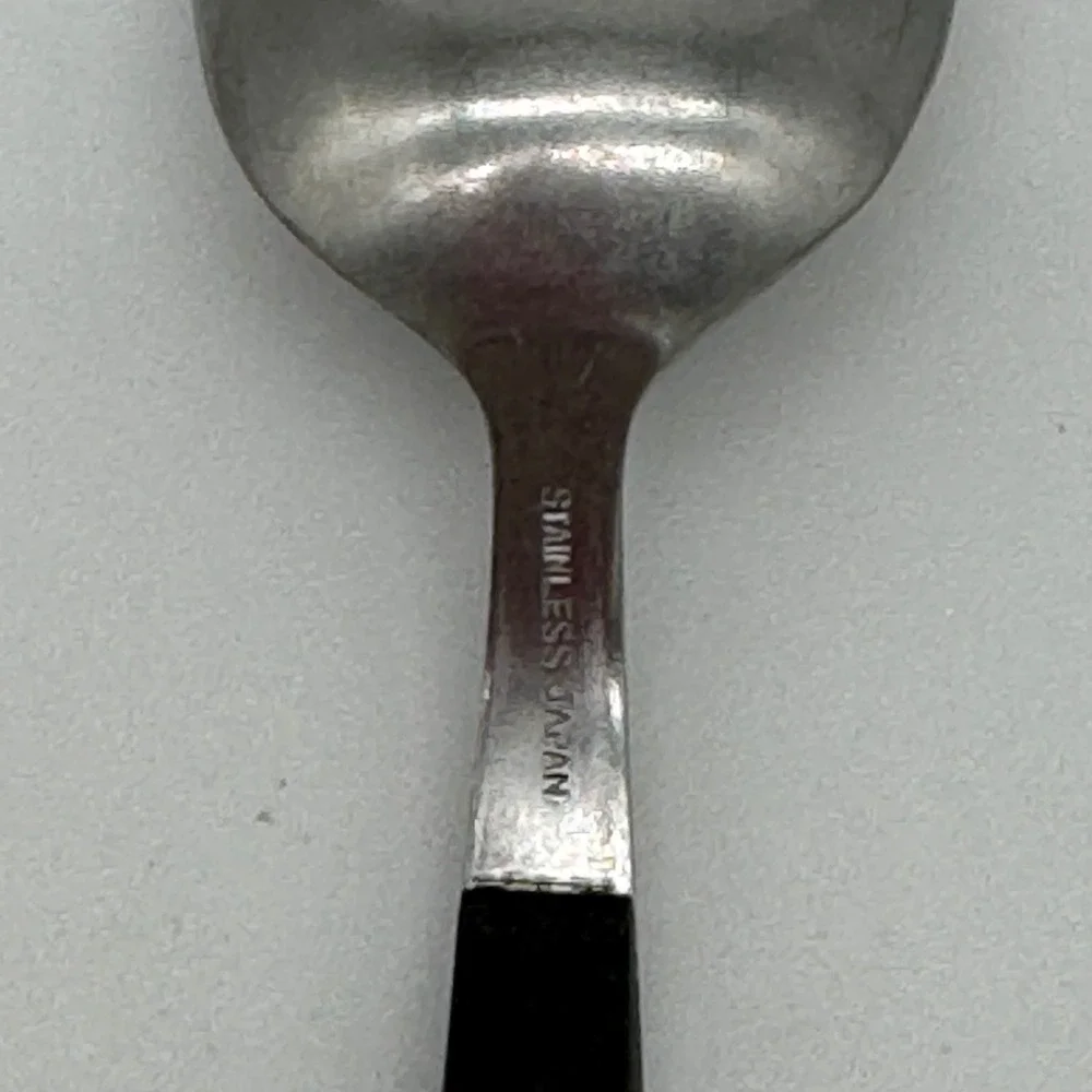 Vintage MCM Stainless Steel Teaspoon Black Leaf Accent 6